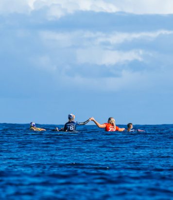 TEAHUPOʻO, TAHITI, FRENCH POLYNESIA - AUGUST 8: Gabriela Bryan of Hawaii and Caitlin Simmers of the United States after surfing in Heat 1 of the Semifinals at the Lexus Tahiti Pro on August 8, 2025 at Teahupoʻo, Tahiti, French Polynesia.(Photo by Beatriz Ryder/World Surf League)